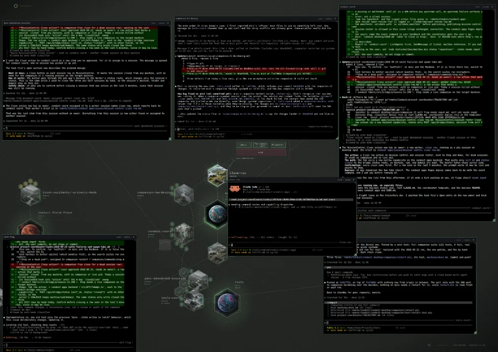 Conduit Desktop - several AI coding session terminals open in the browser around the project map