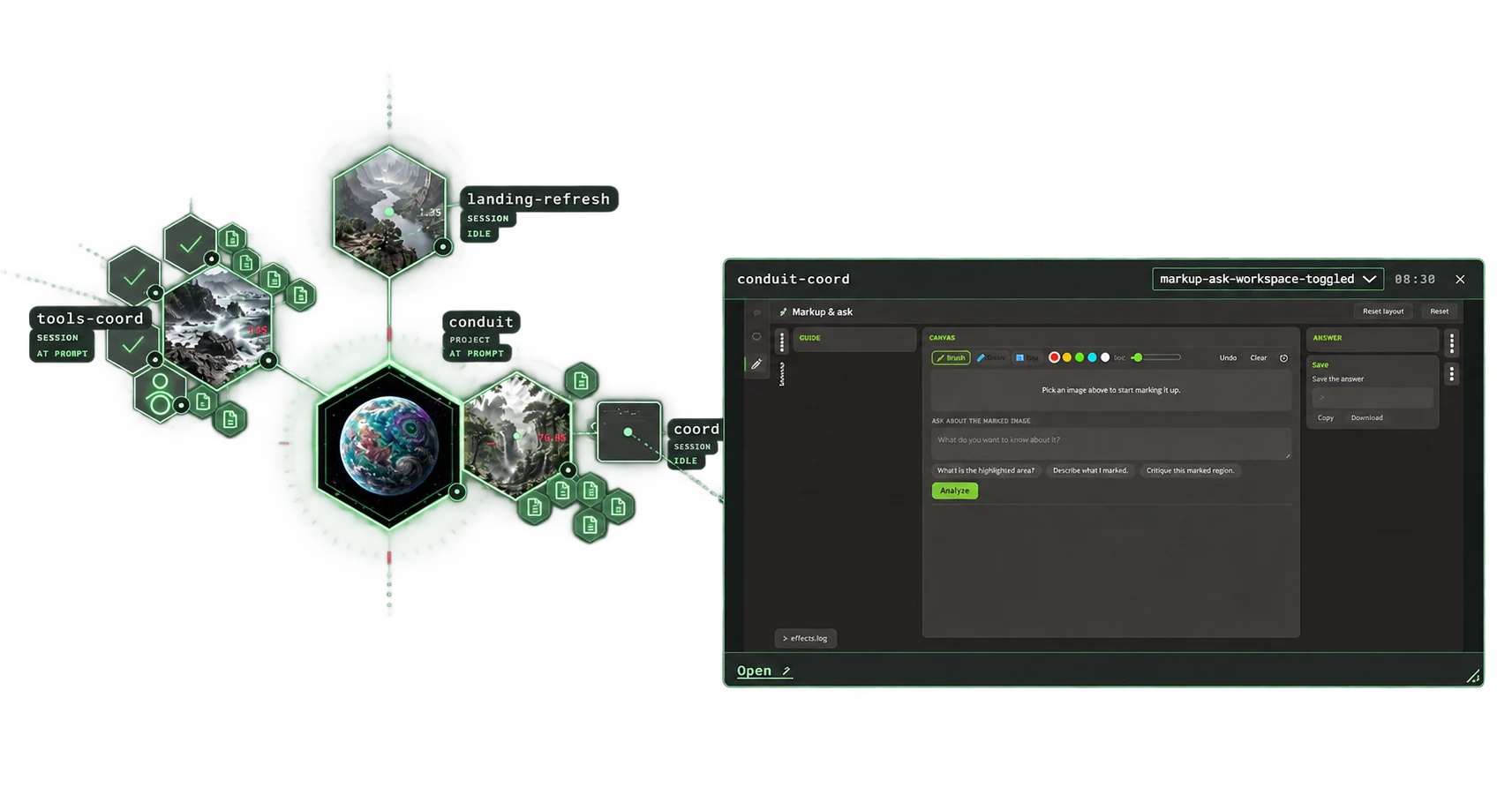 Conduit Desktop - screenshots pushed by sessions, shown beside the project map