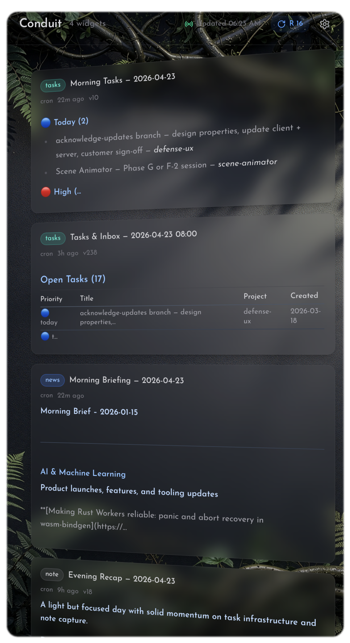 Conduit dashboard - widgets, tasks, morning briefing, system health