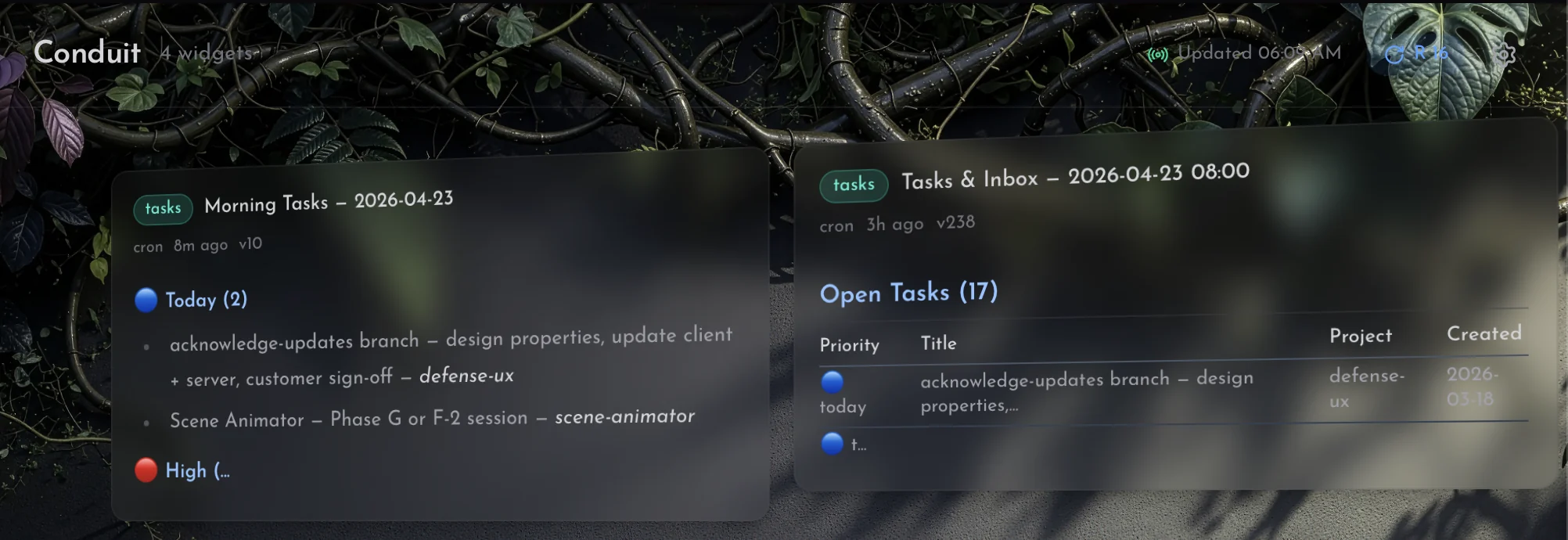 Dashboard - morning tasks and the tasks and inbox widget, each published by a scheduled job